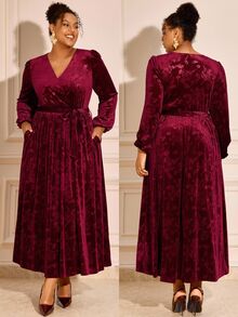 BrightlyHer Plus Size Women V-Neck Pleated Casual Daily Summer Dress - Burgundy - View 10