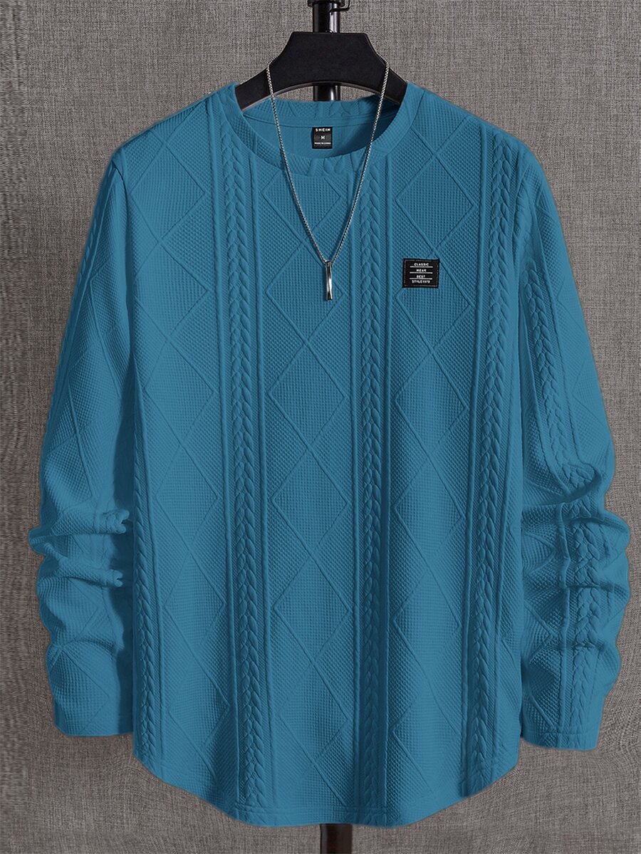 EASEVO Men's Plus Size Loose Knit Wheat Ear Argyle Long Sleeve Crew Neck T-Shirt Plus Size Graphic Tee,Plus Size Men,Halloween Winter Party Autumn - Blue - View 1