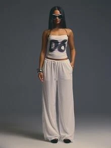 MUSERA White Contrast Graphic Halterneck Top Style Outfits Evening Fall Autumn Winter Coolgirl Halloween Party Going Out Concert Rave Disco Graphic Camo Sexy - White - View 5