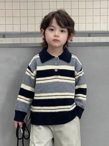 Dazy Kids Boys (Small) Polo Collar Striped Colorblock Thick Knit Sweater Top, Autumn/Winter - Grey - View 1