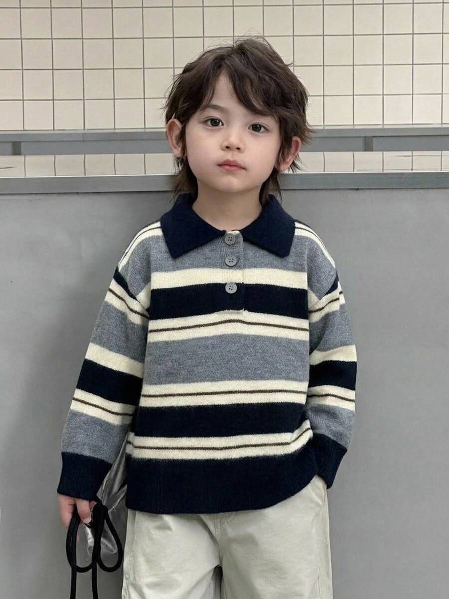 Dazy Kids Boys (Small) Polo Collar Striped Colorblock Thick Knit Sweater Top, Autumn/Winter - Grey - View 1