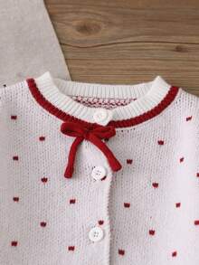 SHEIN Young Girl Polka Dot Bow Decor Long Sleeve Top And Skirt Knit Set - White - View 3