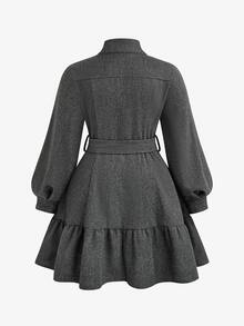 Sweetra Plus Size Ruffle Patchwork Petal Sleeve Stand Collar Wool Blend Winter - Dark Grey - View 2