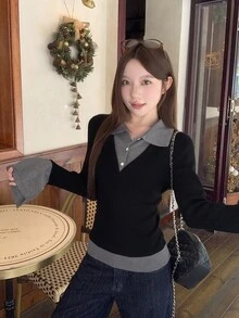 DAZY Sweater Rajut Berkerah Lengan Panjang Slim Fit Warna Hitam & Abu-abu 2 in 1 untuk Musim Gugur/Dingin, Cocok untuk Kencan dan Aktivitas Sehari-hari, Kasual Manis untuk Wanita - Hitam - View 6