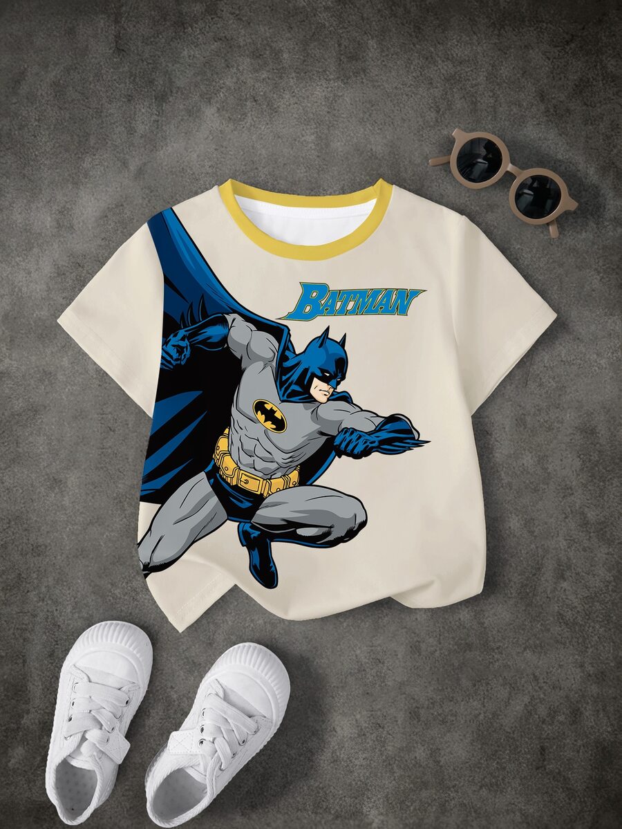 BATMAN X SHEIN Kaos Lengan Pendek Kasual Sehari-hari Bergambar Kartun Huruf untuk Anak Laki-Laki - Putih - View 1