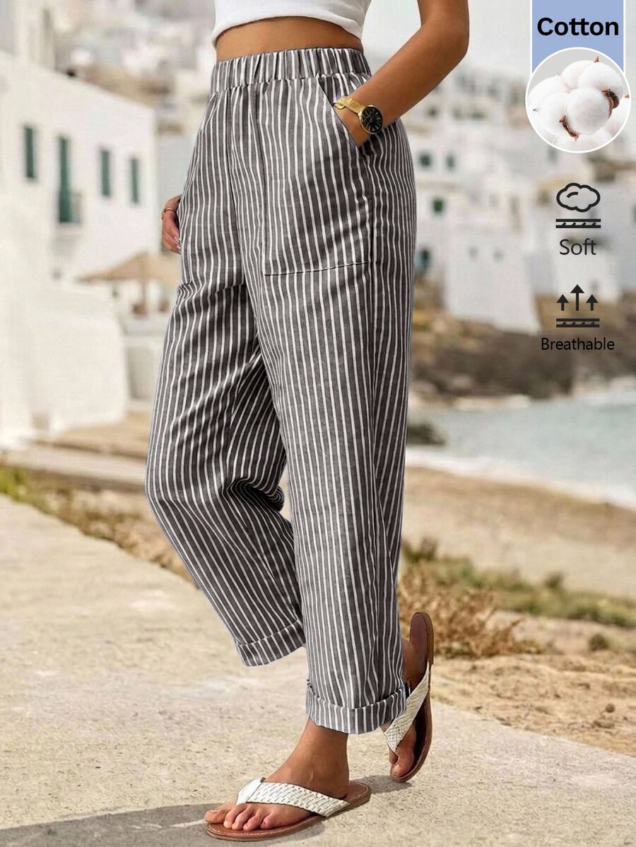 SHEIN LUNE 彈性腰藍白條紋休閒夏威夷長褲 海灘秋季款 - 咖啡棕 - 查看 1