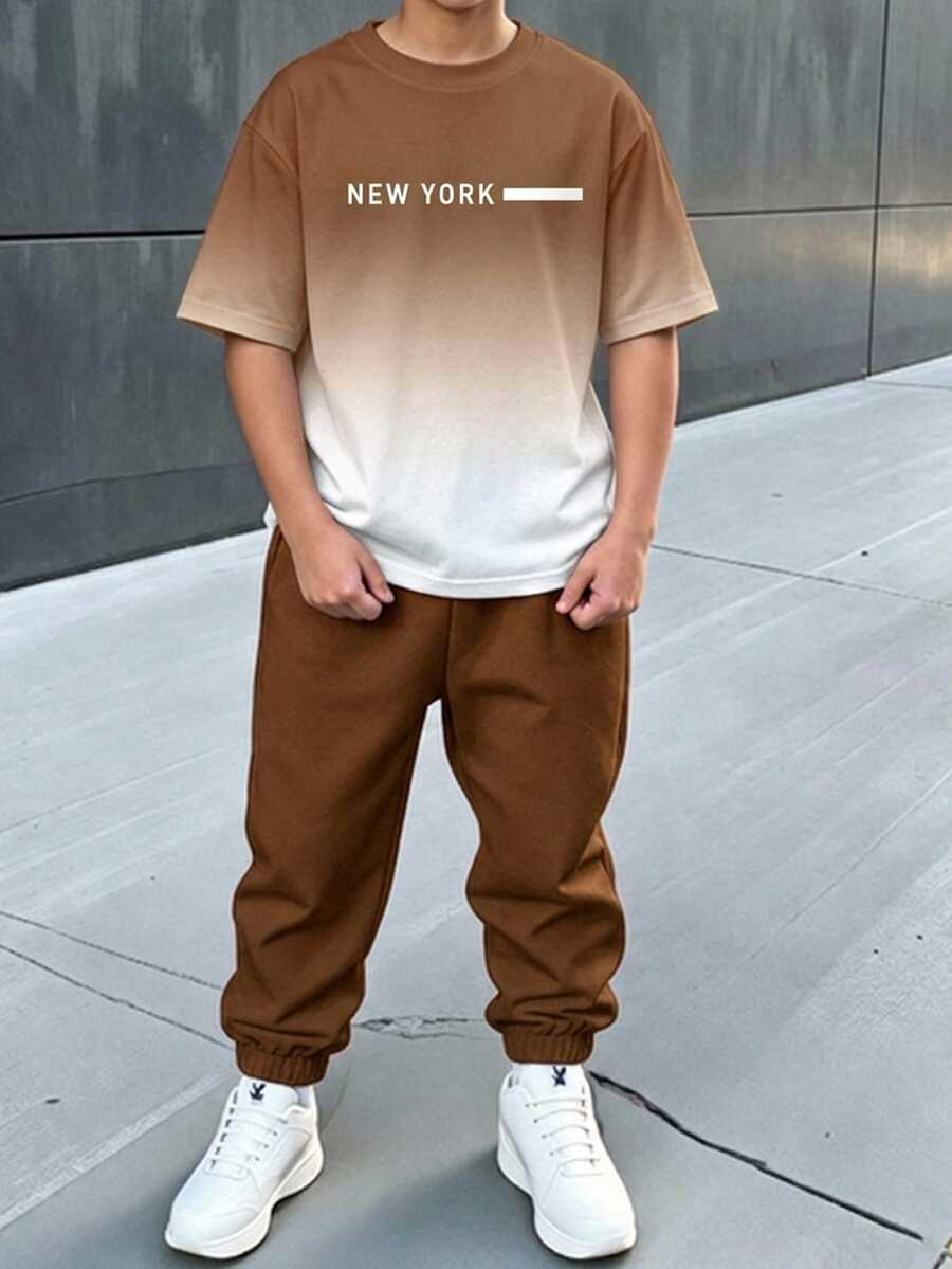 青少年男孩休閒舒適時尚極簡圓領短袖T恤與長褲套裝,附卡通圖案 - 彩色 - 查看 1