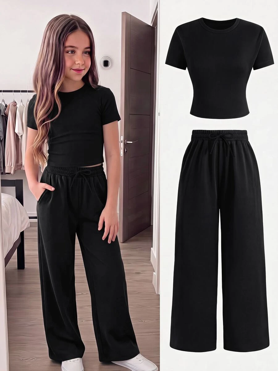 SHEIN Serisse Kids Tween女孩針織春夏新款時尚休閒極簡風棕色T恤配繫帶寬鬆長褲2件套，日常百搭度假款 - 黑色 - 查看 1