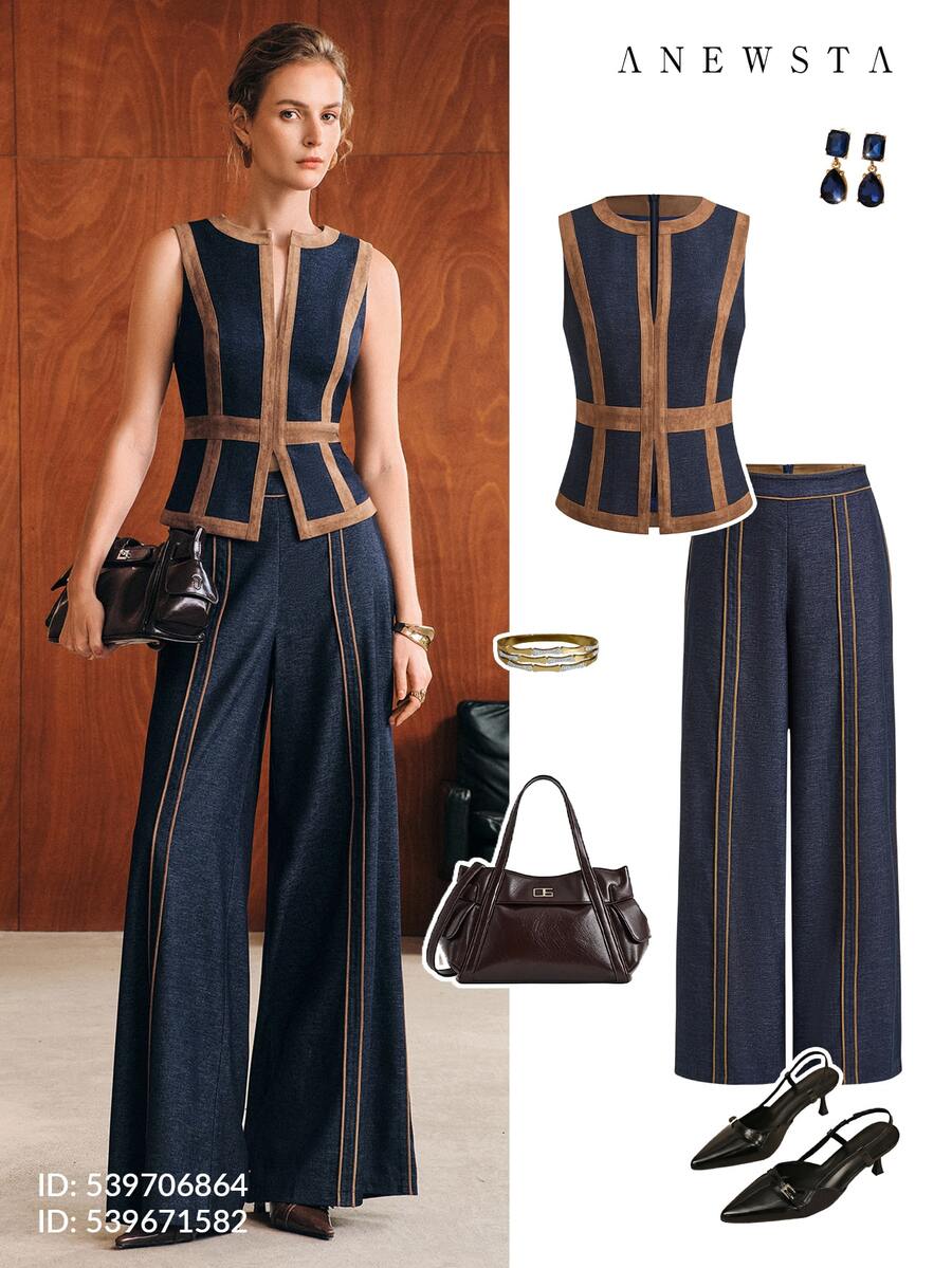 Anewsta Women's Autumn/Winter Modern Commuter Vintage Luxury Suede Contrast Patchwork Waist-Cinching Vest & Wide Leg Pants Set - Navy Blue - View 1