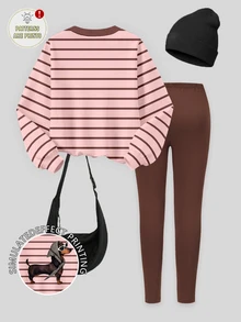 (1 Set) Tween Girls Autumn/Winter Fashion Leopard Print Headband, Puppy Pink & Brown Striped Crew Neck Sweatshirt With Leggings - Multicolor - View 2