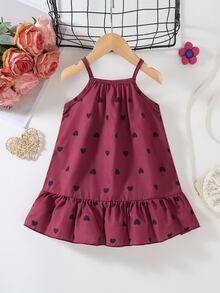 SHEIN Vintaside Kids 女童復古波點細肩帶洋裝，經典酒紅愛心配甜美酷感蝴蝶結，法式女孩風，荷葉邊下擺輕盈飄逸，寬鬆舒適清爽 - 酒紅色 - 查看 2