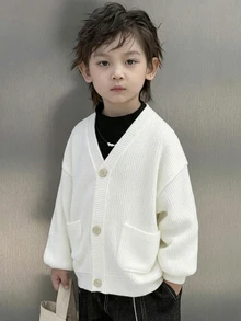 Dazy Kids 兒童秋季男童小號寬鬆休閒V領針織開襟外套，紋理面料 - 白色 - 查看 4