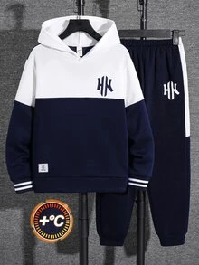 兒童 2 件組青少年男孩休閒新時尚拼色拼接字母圖案連帽衛衣與運動長褲套裝，適合秋冬、開學季、家庭聚會、生日派對、拍照、度假、節日，運動風舒適款 - 彩色 - 查看 3