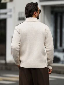 Manfinity Homme 男士秋冬半拉鍊保暖內裡毛衣 - 米色 - 查看 2