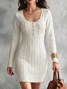 SHEIN Women's Fall/ New Fashion Vintage Casual Elegant Cable Knit Dress Brunch Off-White - Beige - View 2