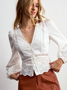 Willow Rêve Women's White Embroidered V-Neck Petal Sleeve Blouse - White - View 5