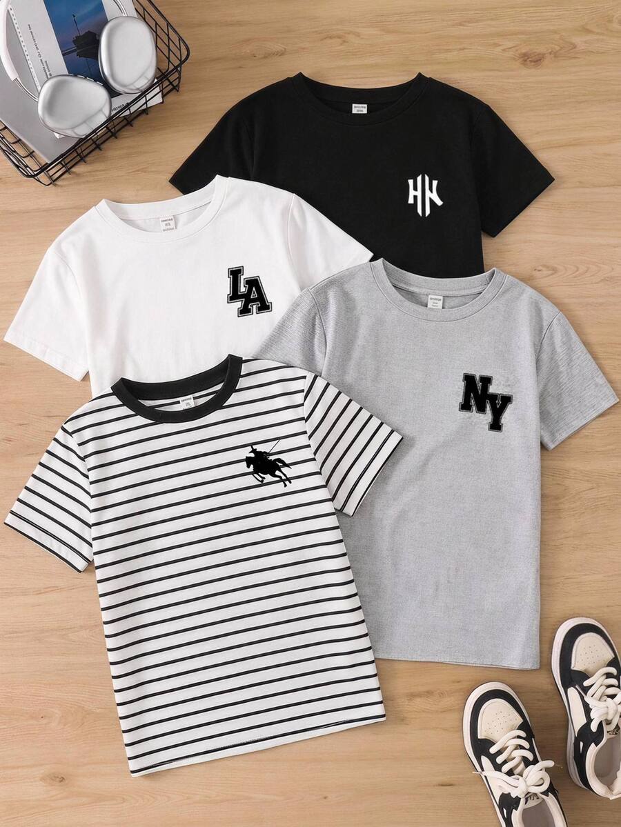 Tween Boys Casual Minimalist Crew Neck Short Sleeve T-Shirt, Suitable For Summer - Black - View 1