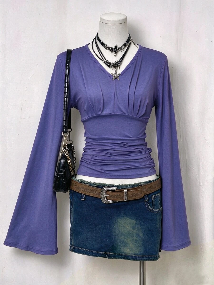 Flirla Autumn Fashion Solid Color Bell Sleeve Ruched Waist T-Shirt - Dusty Purple - View 1