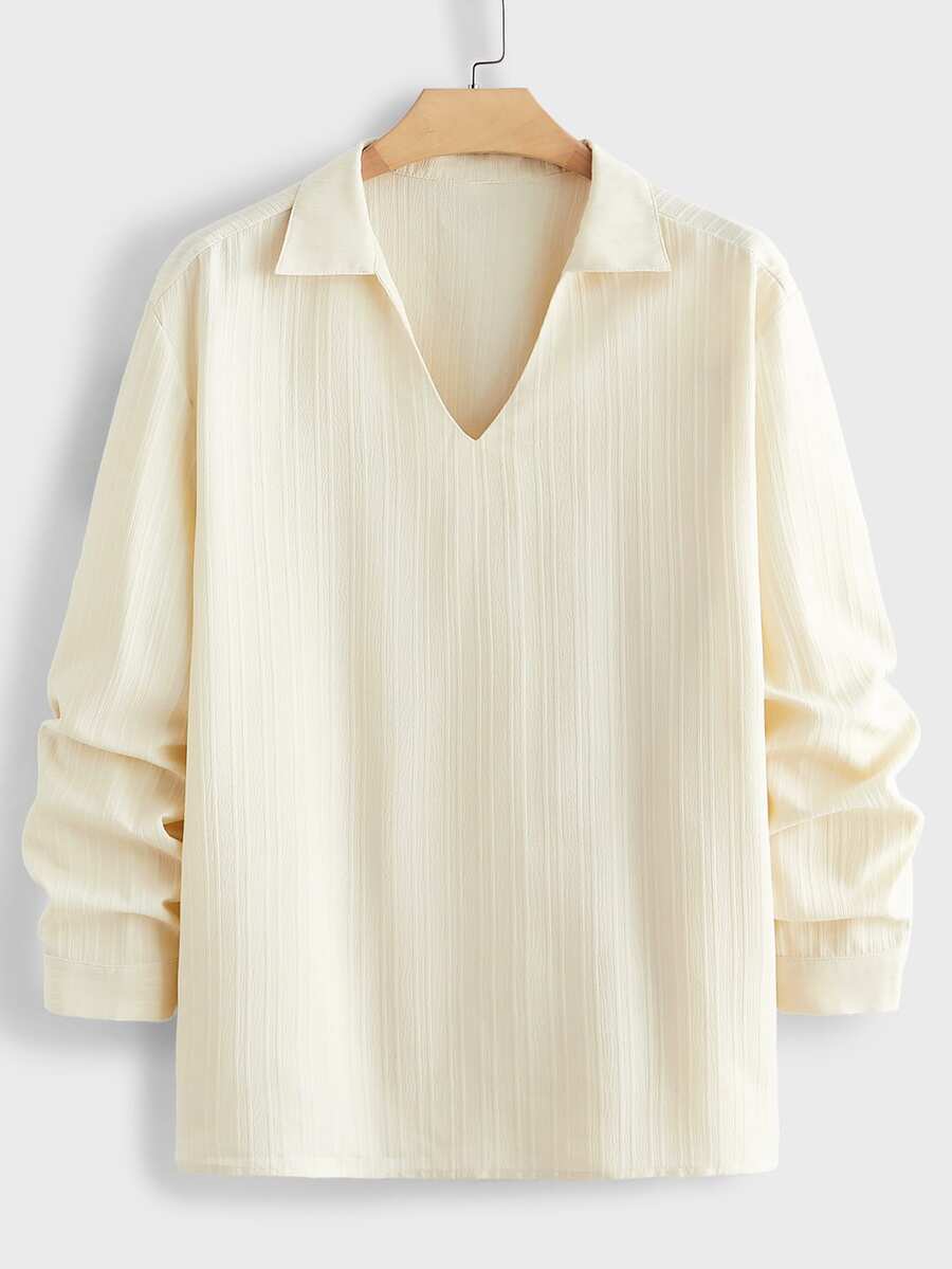 EASEVO Men's Plus Size Casual Loose Flocked Black Long Sleeve Woven Shirt - Apricot - View 1