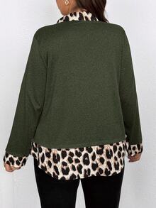 SHEIN Clasi Plus Size Women Casual Leopard Print Raglan Sleeve Curved Hem Printed 2 In 1 Shirt Fall - Army Green - View 2
