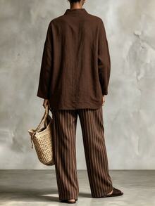 SHEIN Autumn Brown 2 Pieces Set Striped Pants With Pockets Casual Country Style Holiday Outing Outfit - Brown - View 3