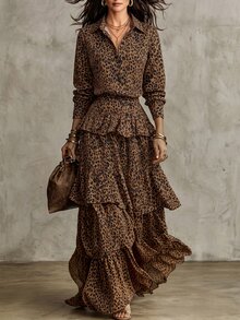 SHEIN Women's Leopard Print Lapel Button Long Sleeve Shirt + Layered Ruffle Skirt 2pcs Set - Multicolor - View 4