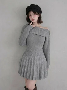FRIFUL Women's Solid Color Asymmetrical Shoulder Casual Daily Knit Dress - Grey - View 6