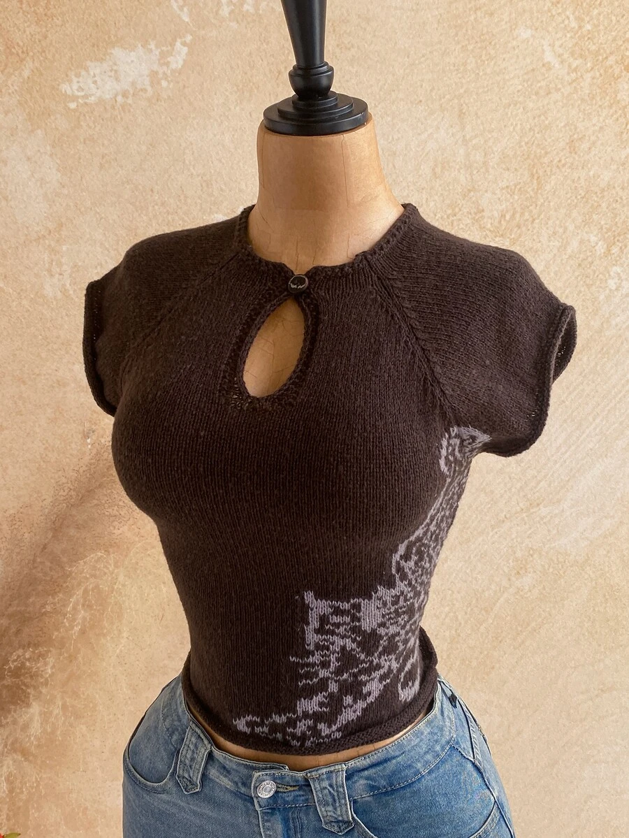 Soleia Atasan Rajut Lengan Raglan Leher Lubang Kancing Motif Hewan untuk Wanita - Coffee Brown - View 1