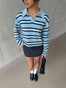 Aloruh 女款秋冬條紋 Polo 衫，復古 Y2K 風格休閒上衣，春季長袖秋季上衣 - 藍色 - 查看 6