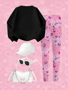 THE POWERPUFF GIRLS X SHEIN 女童字母卡通印花長袖衛衣與內搭褲套裝 - 白色 - 查看 9