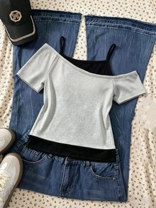 Women's Creative Fresh Cute Rabbit & Cat Shaped Earphone Design Fun Letter Print 2 In 1 Asymmetrical Shoulder Short Sleeve Top - Multicolor - View 2