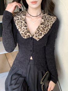 DAZY Women's Elegant Leopard Print Button Long Sleeve Streetwear Sweater - Black - View 2