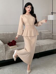 Modelyn Women's Solid Color Pleated Long Sleeve Top And Skirt Knit 2 Pieces Set - Khaki - View 3