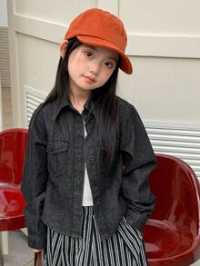 Dazy Kids (Gadis Remaja) Atasan Denim Gelap Pendek Lengan Panjang Kerah Lipat Musim Gugur - Hitam - View 5