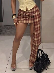 StreetHx 女款棕色格紋綁帶迷你裙，適合夜晚派對、早午餐與外出，秋季性感 Y2K 2000s 風格 - 彩色 - 查看 3