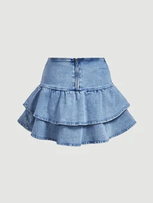 Rivivi Women's Sexy Ruffle Hem Denim Mini Skirt - Dusty Blue - View 2