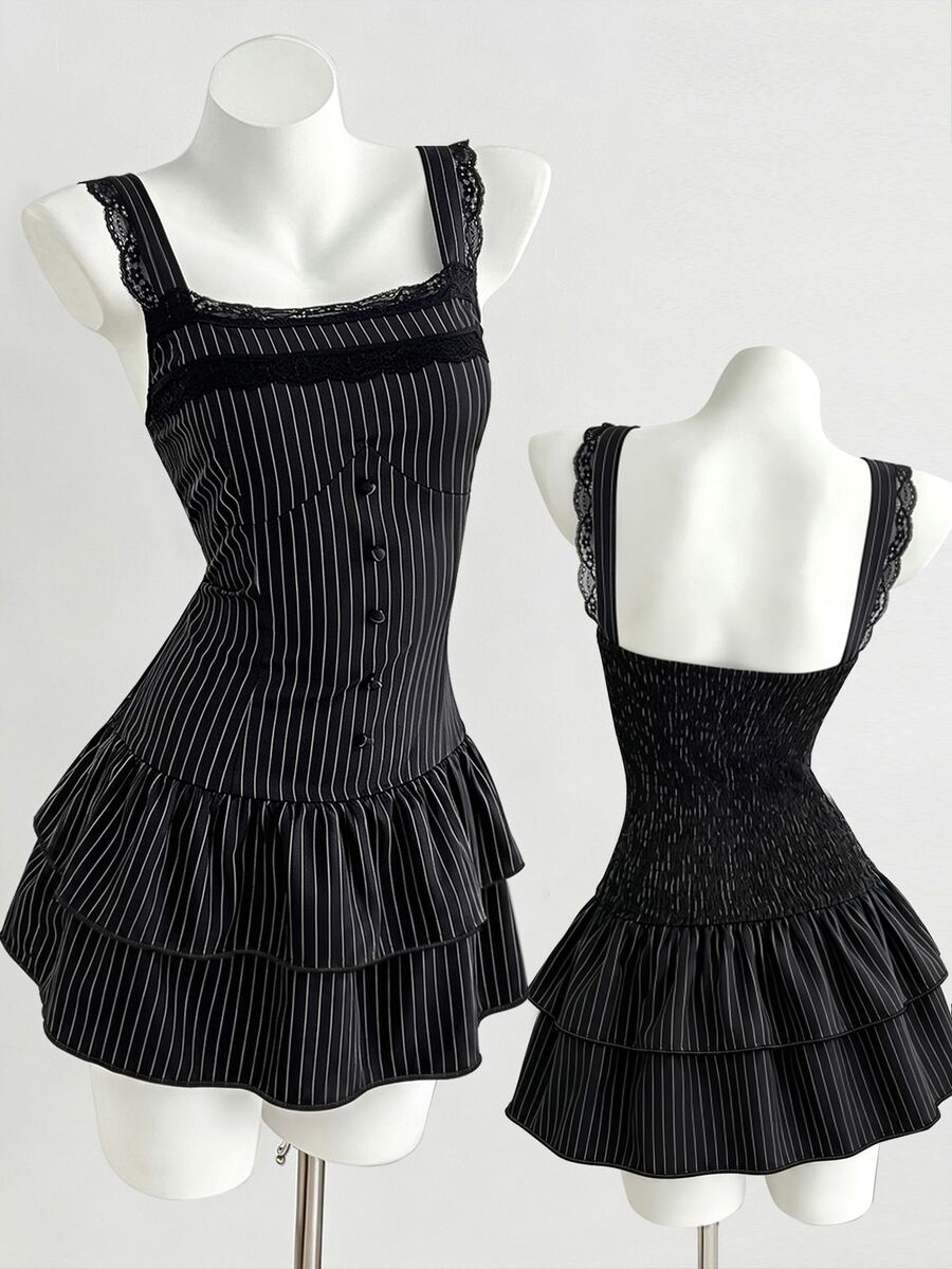 Sweetra CURVE Women's Black Vertical Striped Spaghetti Strap Dress, Lace Trim Wide Strap Sleeveless Square Neck, Front Button, Double Layer Ruffle Hem Skirt Plus Size Dress - Black - View 1