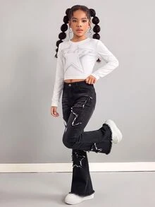 SHEIN 少女時尚貼花刺繡鈕扣口袋喇叭牛仔褲 - 黑色 - 查看 5
