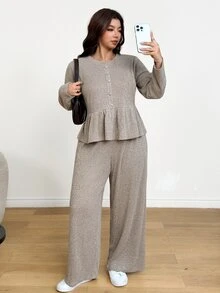 Shapeblank Women's Plus-Size Apricot Two Pieces Set: Stylish, Casual, Stretchy, And Warm Smock-Style Top & Wide-Leg Pants (Autumn/Winter),Fall Outfits,Winter Set - Khaki - View 6