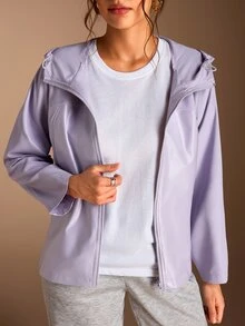 SHEIN BASICS جاكيت سوفت شيل نسائي بلون موحد كاجوال متعدد الاستخدامات للخارج - ارجواني فاتح - مشاهدة 3