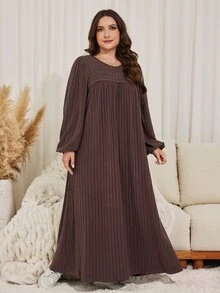 Lacomfia Minimalist Casual Solid Color Ribbed Trim Crew Neck Long Sleeve Loose Fit Regular Spring Autumn Plus Size Dress - Chocolate Brown - View 4