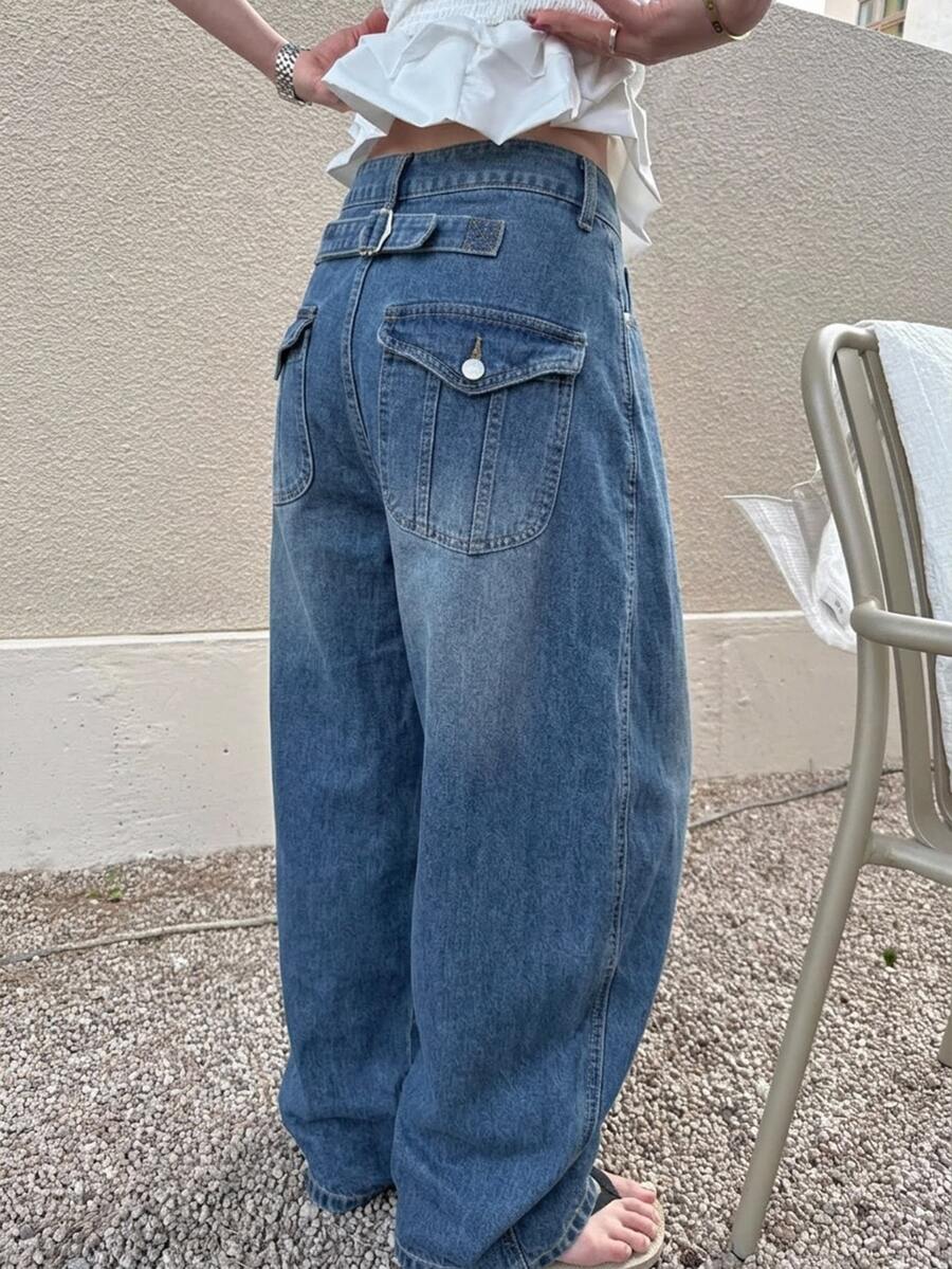 DAZY 對比縫線寬鬆弧形褲管休閒街頭風夏季女款牛仔褲 - 中等水洗藍 - 查看 1