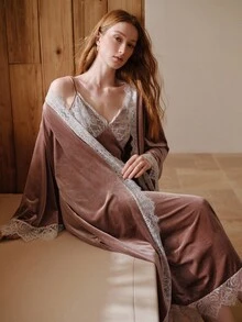 MOTF PREMIUM WOMEN'S ELEGANT LACE CUFF PATCHWORK NIGHTGOWN - Pink - View 8