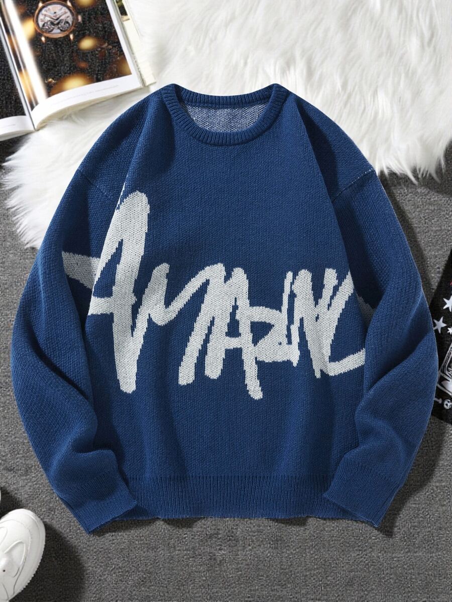 Manfinity Hypemode 男士字母圖案圓領毛衣,秋冬款長袖上衣 - 霧霾藍 - 查看 1
