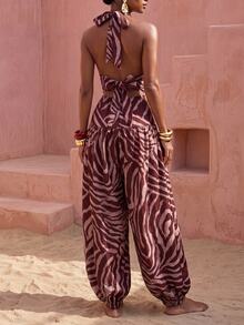 Zivah Women's Loose Zebra Print Cowl Neck Cover-Up Top With Lantern Pants, Beach Vacation - Multicolor - View 3