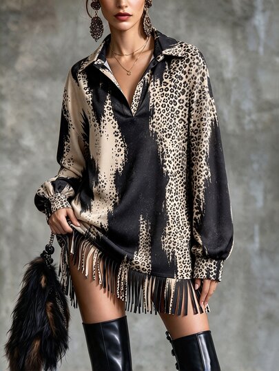 Glimmora Baju Penutup Wanita Motif Leopard Vintage Western dengan Rumbai, Model Musim Gugur/Dingin, Kerah V-Neck, Lengan Panjang Longgar, Panjang Sedang, Cocok untuk Sehari-hari, Liburan, Kasual, Streetwear, Pakaian, Gaun Penutup
