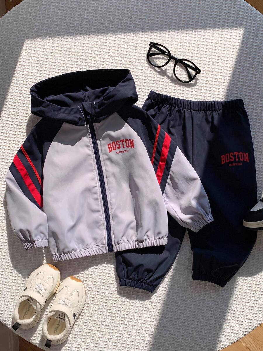 SHEIN 2件組男嬰秋冬休閒條紋字母印花拉鍊連帽衛衣與長褲運動套裝 - 彩色 - 查看 1