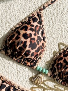 Bonvoyette Autumn/Winter New Multi-Color Leopard Print Scalloped Edge Seashell Decor Halter Triangle Bikini Top & High-Cut Shorts 2 Pieces Swimsuit Set For Women - Multicolor - View 5