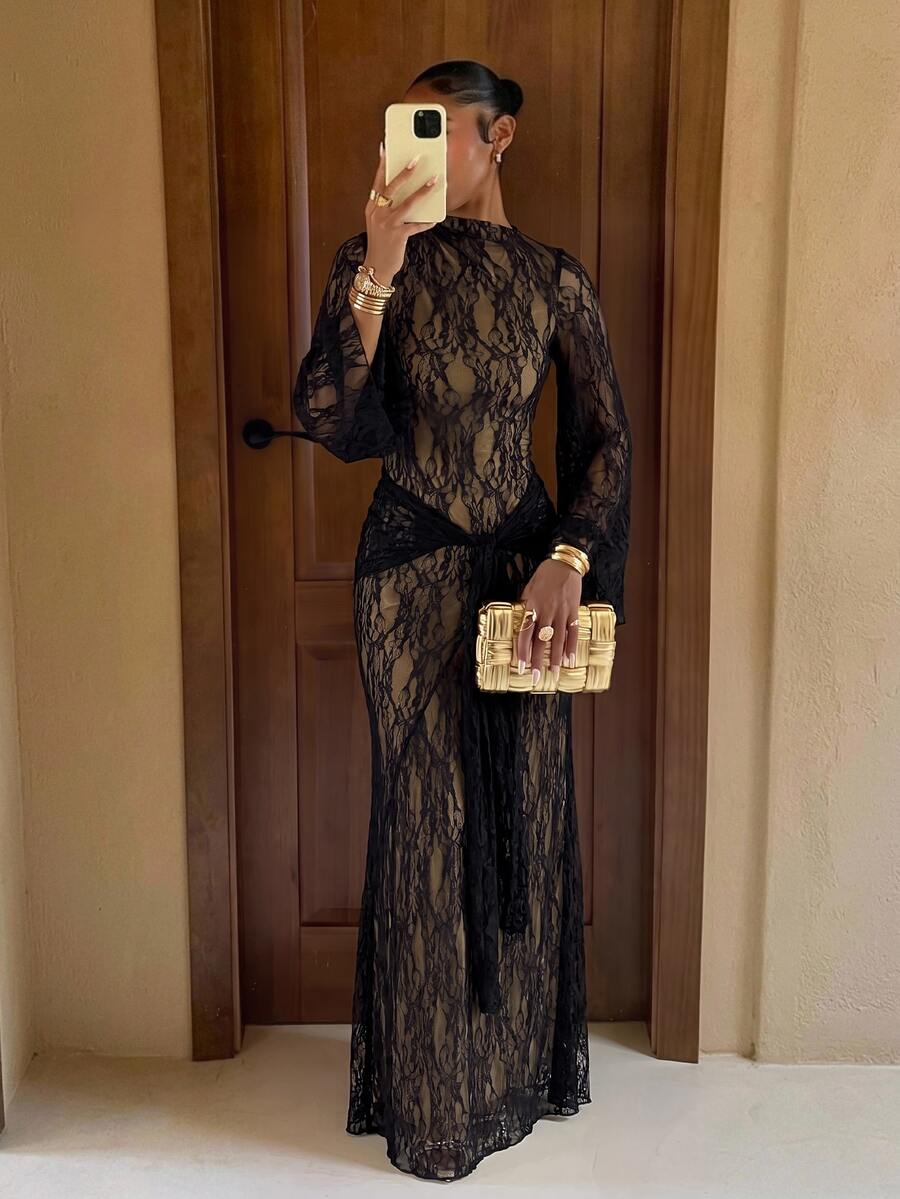 Lumalex 女款優雅淡黃色秋季禮服，保守老錢風蕾絲正式洋裝，適合婚禮、花園派對賓客、晚餐與節日派對，綁帶喇叭袖 - 黑色 - 查看 1