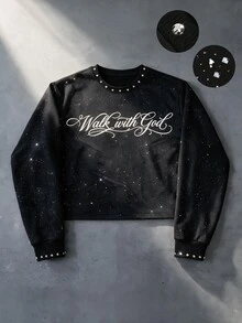 ROMWE MEN Men's Loose Fit Pullover Sweatshirt With Glitter Sequin And Rivet Embellished Cursive Letter Print - Black - View 1
